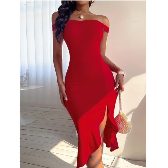 Rouge! Dresses & Skirts - Off Shoulder Red Ruffle Detail Mermaid Dress